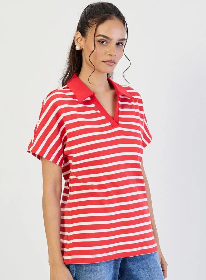 Femmella Red Striped Polo Knit T-Shirt